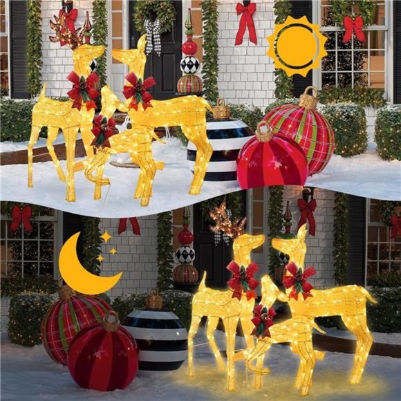 Set of 3 Lighted Christmas Deer Decor with 275 LED, Large Light Up Gold Reindeer - Picture 3 of 6